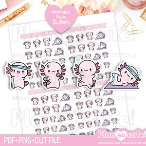 May include: Printable planner stickers featuring cute pink axolotls in various fitness poses. The stickers include axolotls exercising with weights, doing yoga, and wearing headbands. The text "Plan so cute!" is also visible.