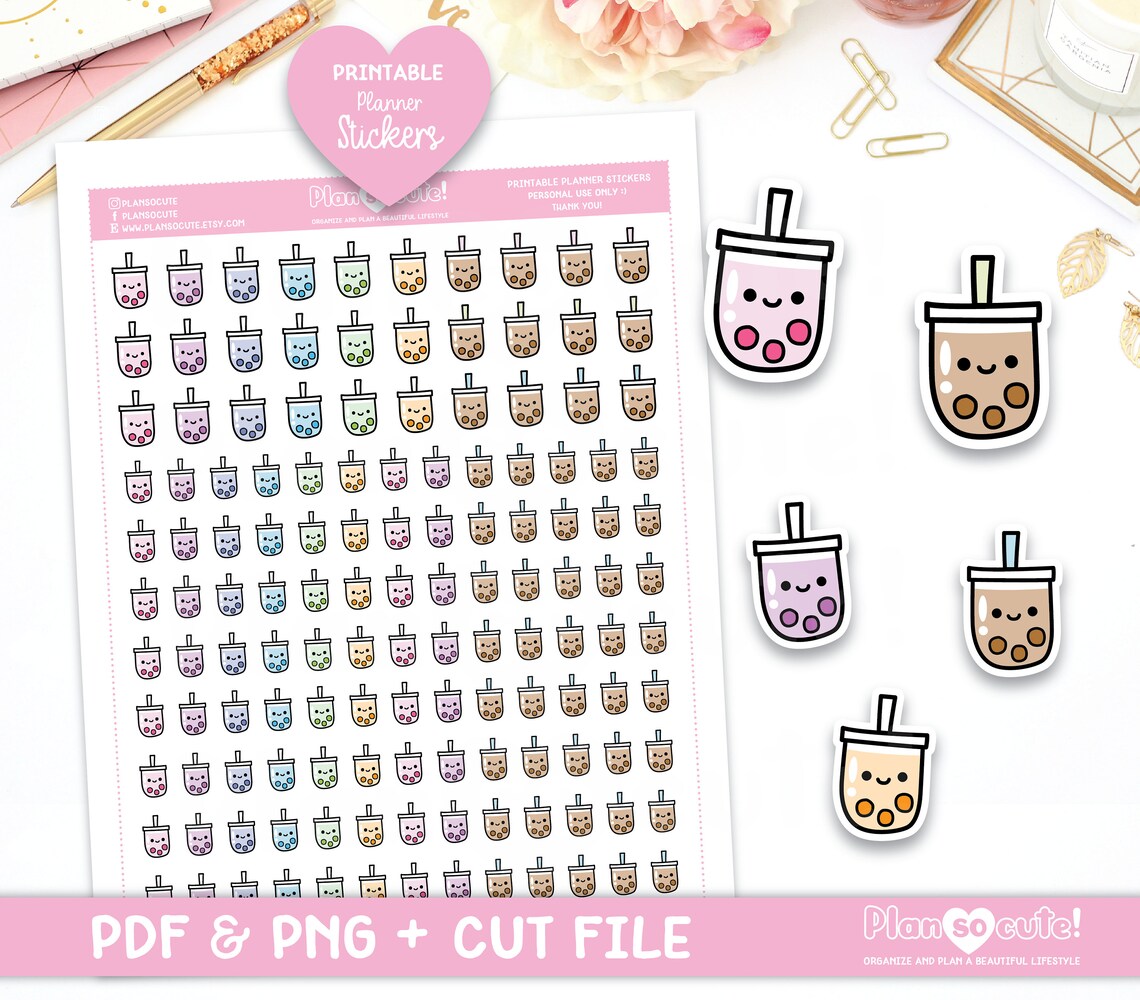 Doodle Boba Tea Kawaii Bubble Tea Printable Planner Stickers Etsy