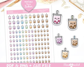 May include: Printable planner stickers featuring a sheet of 72 colourful bubble tea stickers and four larger individual stickers. The stickers are in various colours, including pink, purple, blue, green, yellow, and brown. The text on the sheet reads "Printable Planner Stickers" and "Plan So Cute!"