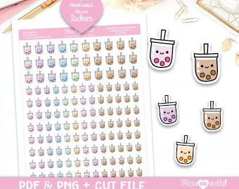 Doodle Boba Tea, Kawaii Bubble Tea Printable Planner Stickers