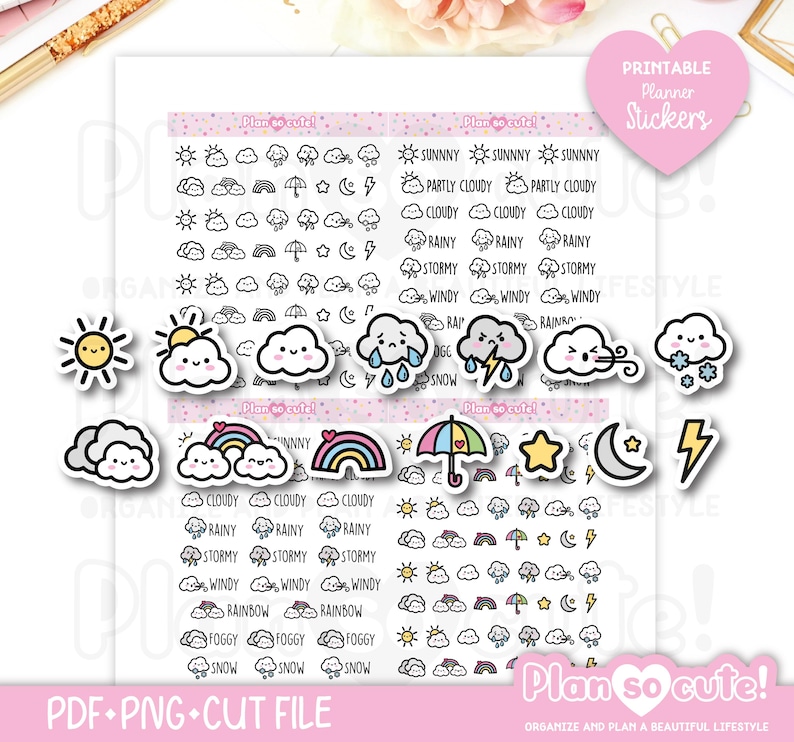 May include: A sheet of printable planner stickers featuring weather-themed designs. Includes suns, clouds, rainbows, umbrellas, and lightning bolts. The text "Plan so cute!" and "PDF+PNG+CUT FILE" are also visible.