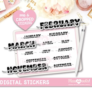 Fluffy Months Script Digital Stickers, GoodNotes Stickers, Script digital stickers, Precropped, PNG