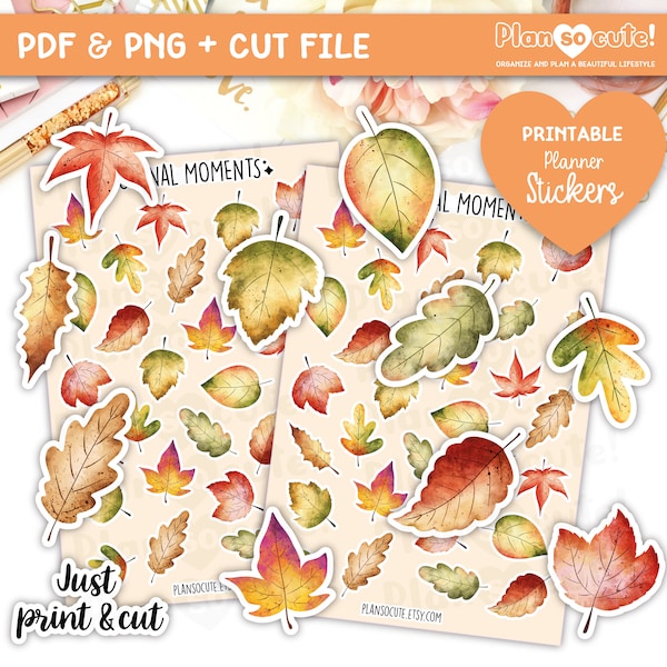 Autumn LEAVES, Watercolor Fall Printable Planner Stickers, Journal Moments, Silhouette and Cricut File