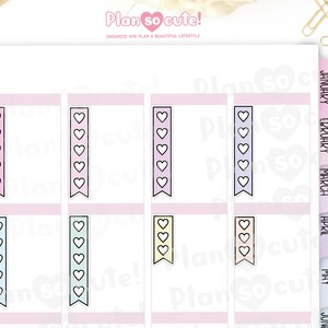 May include: Set of ten printable planner stickers featuring colorful banners with white hearts. The banners are in pink, light blue, lavender, yellow, and peach.