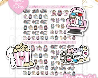 May include: A set of printable planner stickers featuring a movie night theme. The stickers include a cartoon character with popcorn, a movie reel, 3D glasses, and the text "Movie Time!" The stickers are designed with a pink and white color scheme and have the text "Plan so cute!" on the bottom.