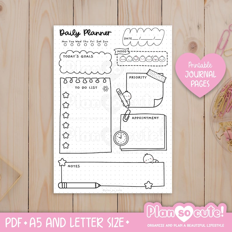 Puede incluir: Planificador diario imprimible en blanco y negro con secciones para objetivos, listas de tareas, citas y notas. Incluye el texto "Daily Planner", "Today's Goals", "To Do List", "Notes" y "Appointment". El planificador est&aacute; etiquetado como "PDF + A5 and Letter Size".