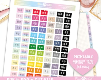 Schede mensili, pronte per la stampa, adesivi per planner stampabili, adesivi per bullet journal, adatti alle settimane Hobonichi