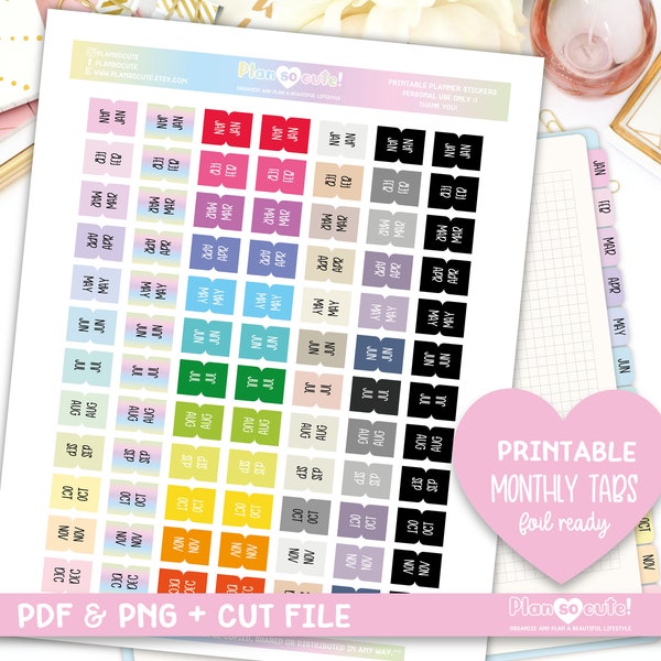 Monthly Tabs, Foil Ready, Printable Planner Stickers, Bullet Journal Stickers, Fits Hobonichi Weeks