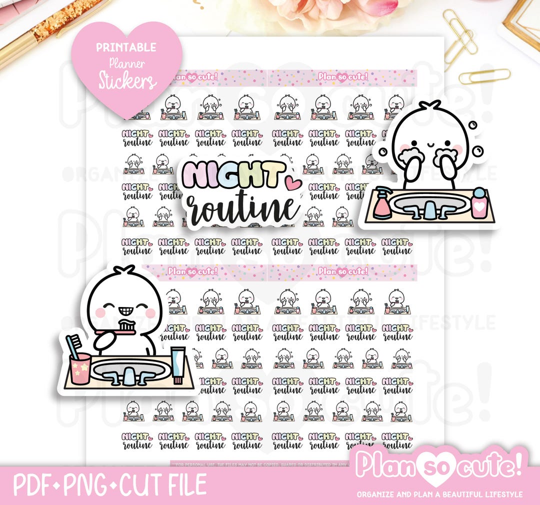 Tiny Puppet Night Routine Stickers, Printable Planner Stickers, Bullet ...