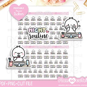 Tiny Puppet Night Routine Stickers, Printable Planner Stickers, Bullet Journal Stickers