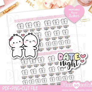Puede incluir: Pegatinas imprimibles para planificador con parejas de dibujos animados y las palabras "Date Night". Las pegatinas son de color rosa y blanco, con un diseño de corazón. También se ve el texto "Plan so cute!"