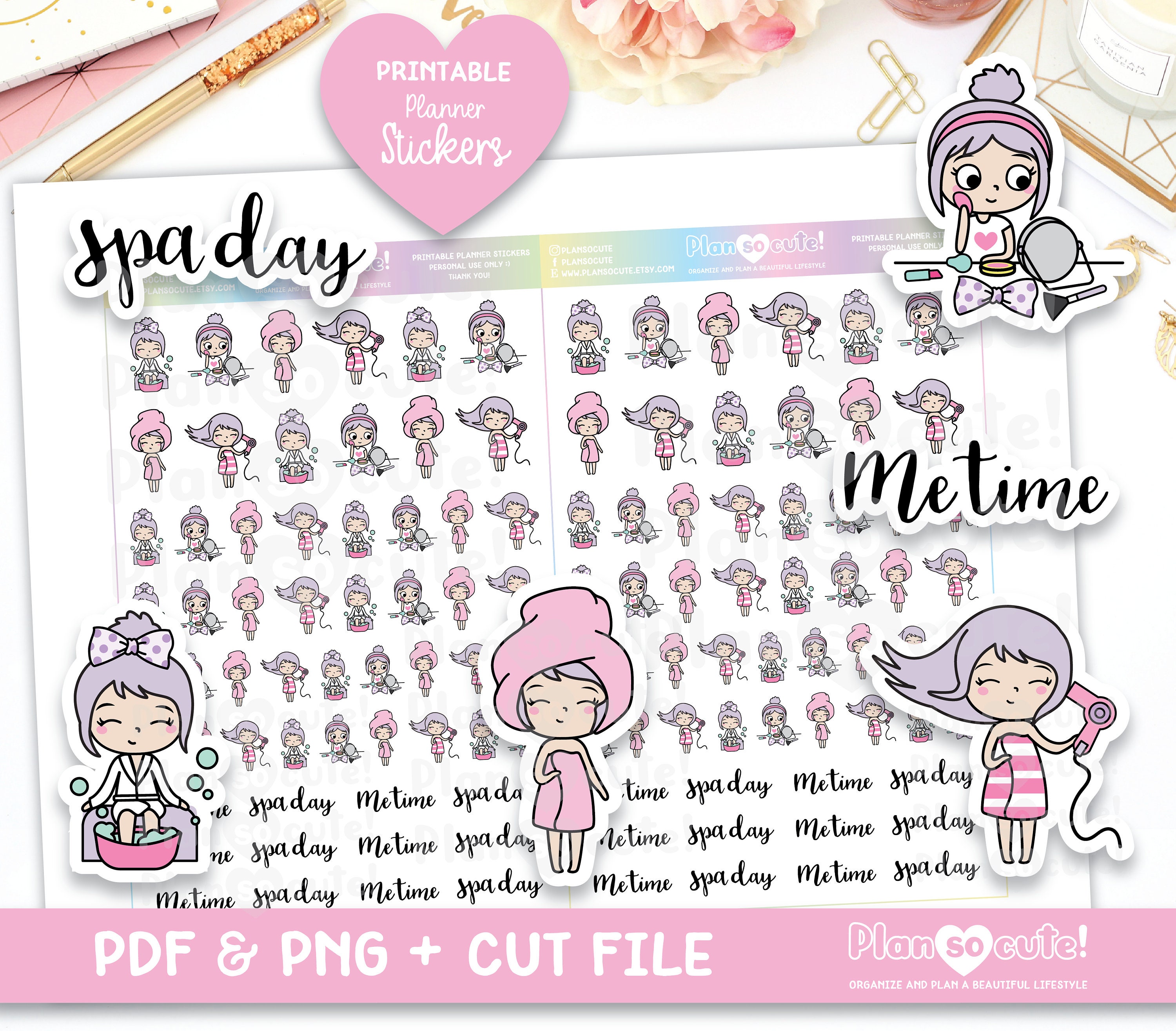Spa Day Printable Planner Stickers Dark Skin Silhouette and Cricut File Emily Me Time