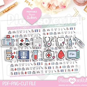 May include: A sheet of printable planner stickers featuring medical-themed illustrations. Designs include an ambulance, prescription, stethoscope, tooth, syringe, and thermometer. The stickers are colorful and have a cute, cartoon style, perfect for planning.