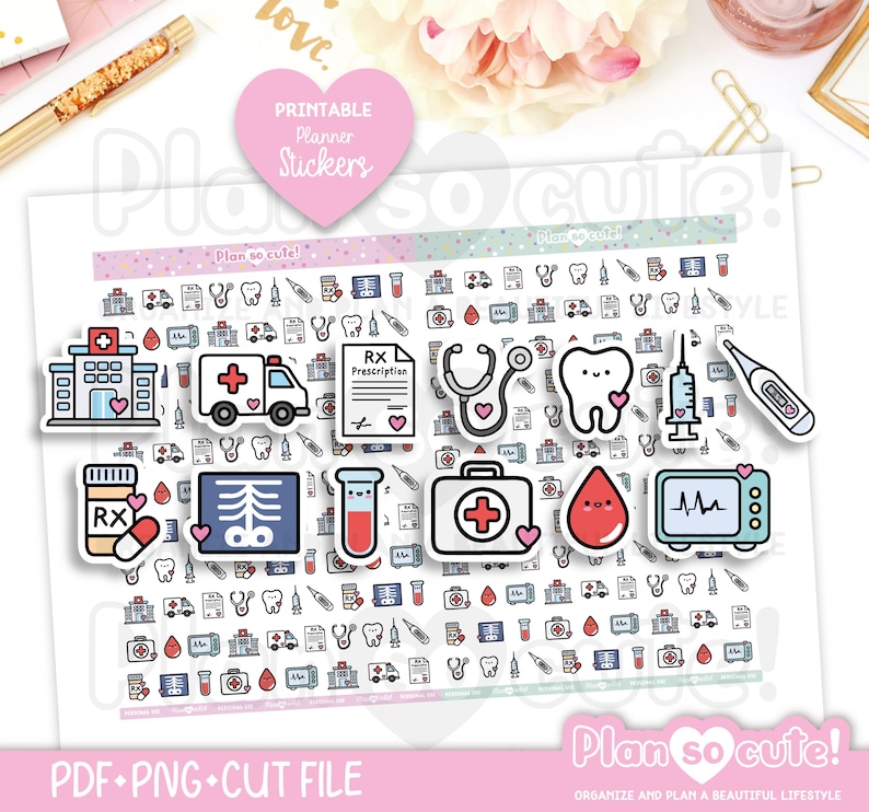 Medical File Sticker Letters Medical Care Icons Stickers, Printable Planner Stickers, Bullet Journal ...