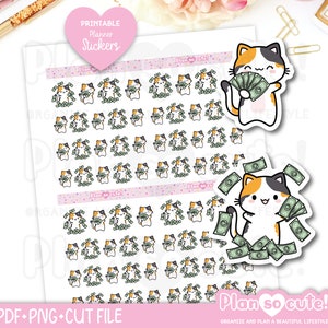 Calico Kitty Pay Day Aufkleber, druckbare Planeraufkleber, Bullet Journal Aufkleber, Schulaufkleber