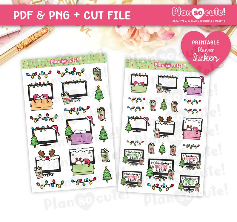 Christmas Movies and Chill, Printable Stickers, Planner Stickers, Cricut and Silhouette Files, personal use image 2