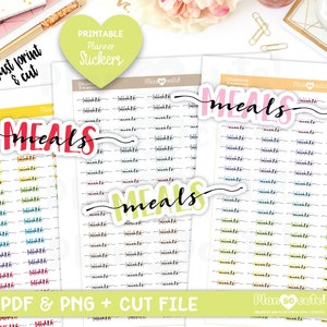 May include: A collection of printable planner stickers with the word "MEALS" in various colors. The stickers are designed for planning and organizing. The image also includes the text "just print & cut" and "PDF & PNG + CUT FILE".