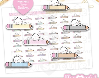 Kleine potloodstickers met poppetjes, printbare plannerstickers, bullet journal stickers, schoolstickers