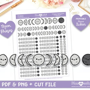 Kawaii Moon Phases, Printable Planner Stickers