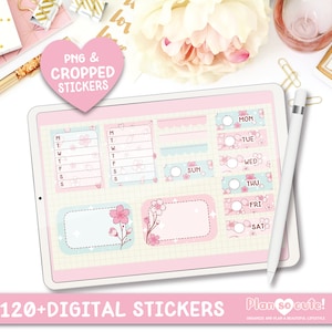 Puede incluir: Un planificador digital con m&aacute;s de 120 pegatinas digitales con un esquema de color rosa y azul con un dise&ntilde;o floral. El texto "Plan so cute!" est&aacute; en la esquina inferior derecha de la imagen. El texto "Organiza y planifica un estilo de vida hermoso" est&aacute; debajo del texto "Plan so cute!"
