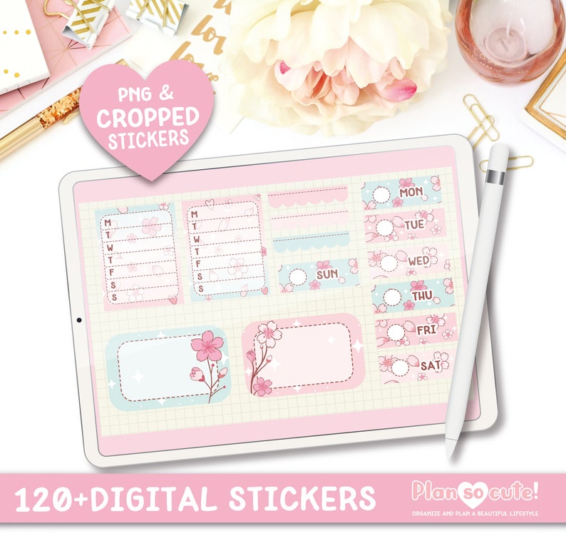Puede incluir: Un planificador digital con m&aacute;s de 120 pegatinas digitales con un esquema de color rosa y azul con un dise&ntilde;o floral. El texto "Plan so cute!" est&aacute; en la esquina inferior derecha de la imagen. El texto "Organiza y planifica un estilo de vida hermoso" est&aacute; debajo del texto "Plan so cute!"