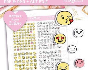 Puede incluir: Pegatinas imprimibles para planificadores con una variedad de caras de emoji amarillas y blancas con diferentes expresiones. Las pegatinas están dispuestas en una cuadrícula sobre un fondo blanco. El texto "Printable Planner Stickers" está en la parte superior de la hoja.