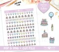 Happy Birthday Icons, Printable Planner Stickers, Birthday Cake Stickers, Balloon Stickers, Personal use only.