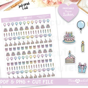 Happy Birthday Icons, Printable Planner Stickers, Birthday Cake Stickers, Balloon Stickers, Personal use only.