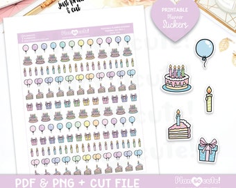 Happy Birthday Icons, Printable Planner Stickers, Birthday Cake Stickers, Balloon Stickers, Personal use only.