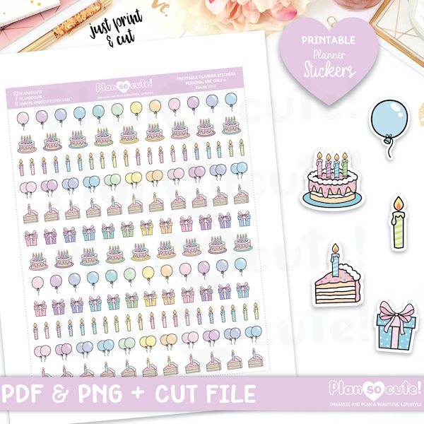 Happy Birthday Icons, Printable Planner Stickers, Birthday Cake Stickers, Balloon Stickers, Personal use only.