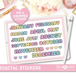 Fluffy Months Script Digital Stickers, GoodNotes Stickers, Script digital stickers, Precropped, PNG