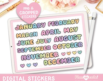 Fluffy Months Script Digital Stickers, GoodNotes Stickers, Script digital stickers, Precropped, PNG
