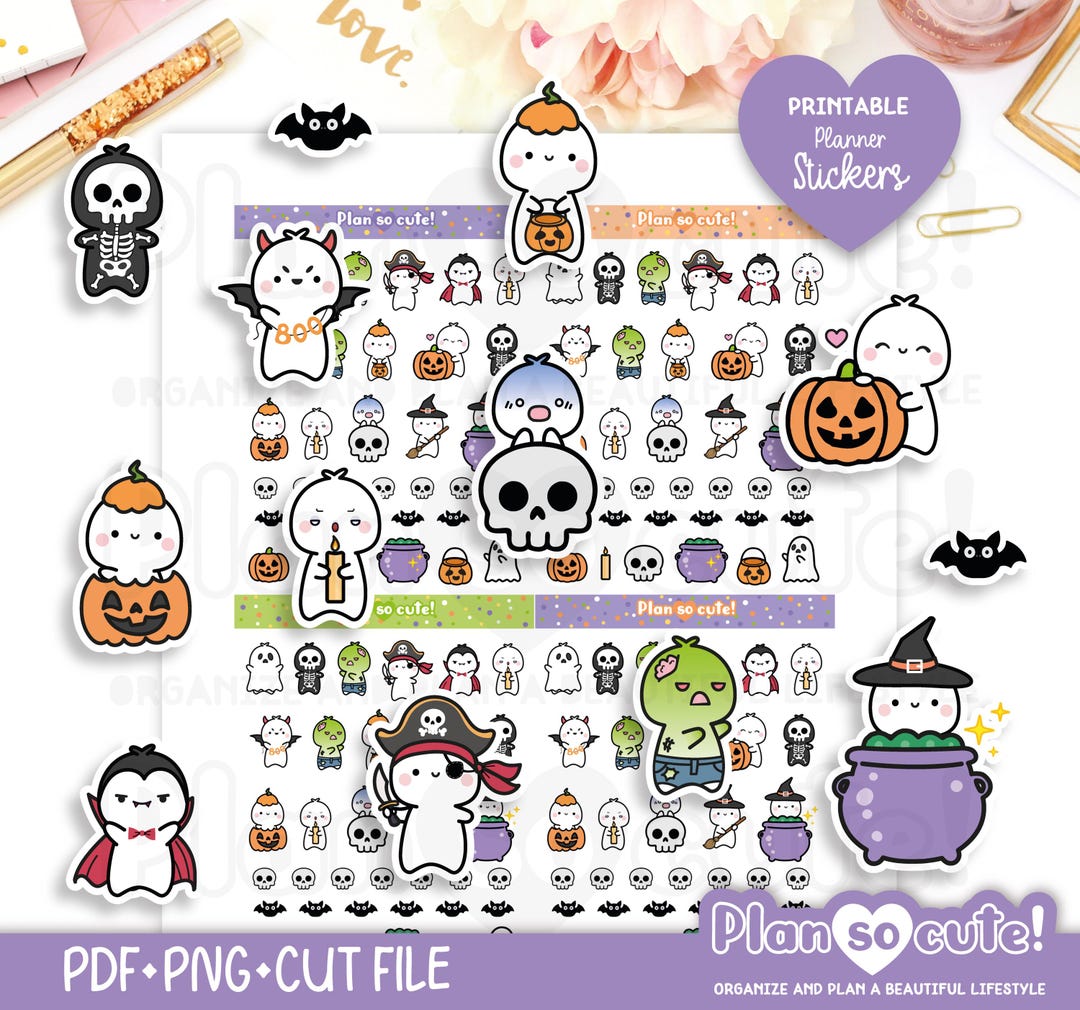 Tiny Puppet Halloween, Printable Planner Stickers, Bullet Journal Stickers