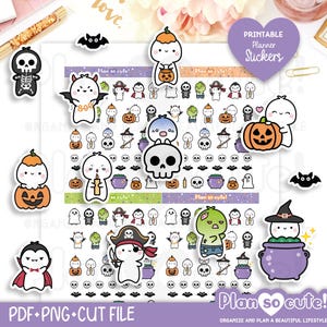 Puede incluir: Un conjunto de pegatinas para planificador con temática de Halloween, con personajes de dibujos animados como esqueletos, calabazas, murciélagos y fantasmas. Las pegatinas tienen el texto "Plan so cute!" y "Printable Planner Stickers". El texto inferior dice "PDF+PNG+CUT FILE".
