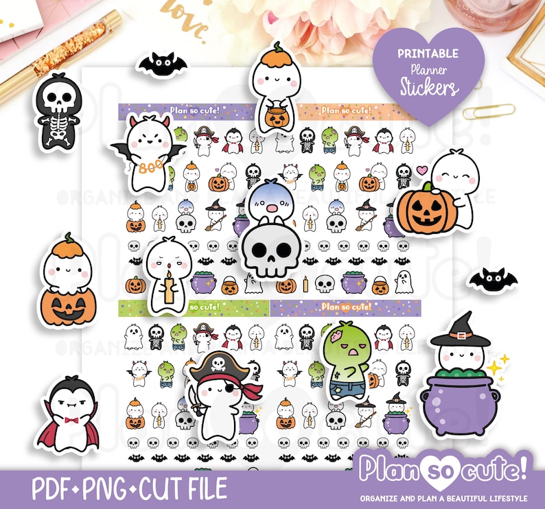May include: A selection of Halloween planner stickers with cartoon characters including skeletons, pumpkins, bats, and ghosts. The stickers have the text "Plan so cute!" and "Printable Planner Stickers". The bottom text reads "PDF+PNG+CUT FILE". The overall theme is cute and spooky.