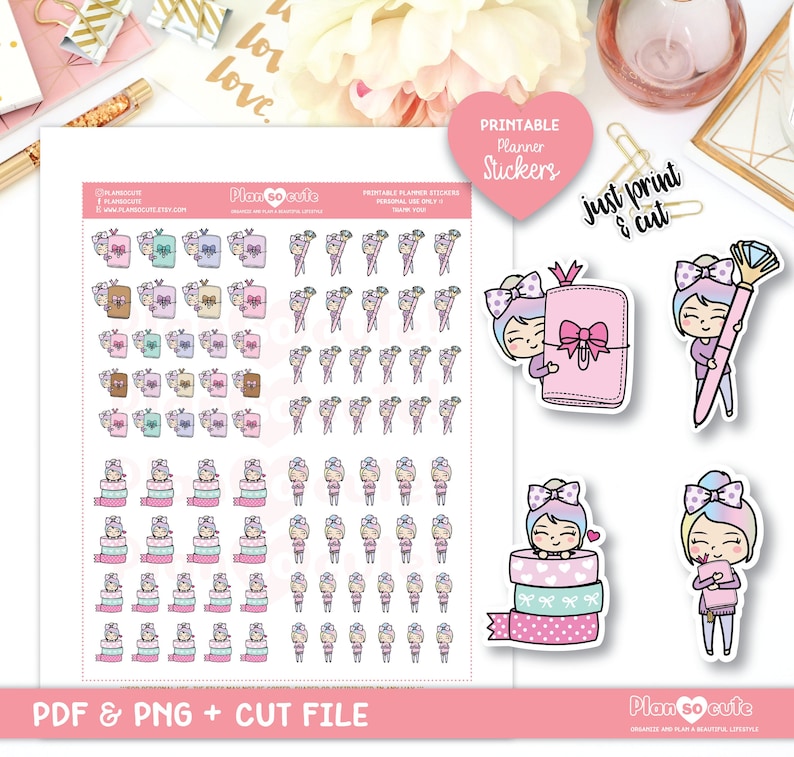 May include: Printable planner stickers featuring cute cartoon illustrations of a girl holding a notebook, a pen, and a stack of washi tape. The stickers are in pink, blue, and green colors. The text "Printable Planner Stickers" and "Just Print & Cut" is also included in the image.