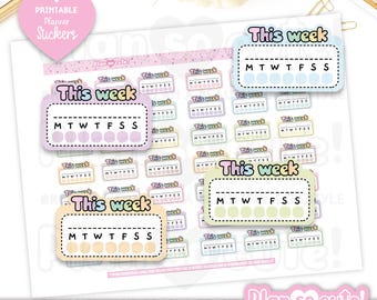 May include: Printable planner stickers with a pastel color scheme. The stickers feature the text "This week" with a space for writing and a row of seven circles labeled MTWTFSS.