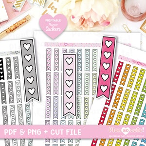 May include: Printable planner stickers with a heart design. The stickers are in various colors, including black, gray, pink, and rainbow. The text "Plan so cute!" appears on the stickers.