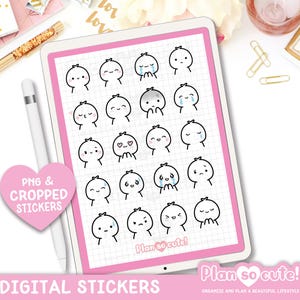 Puede incluir: Una hoja digital de 20 pegatinas de personajes de dibujos animados lindos con diferentes expresiones faciales. Las pegatinas son en blanco y negro y están sobre un fondo blanco con un patrón de cuadrícula. El texto "Plan so cute!" está en la parte inferior de la hoja.