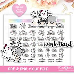 Puede incluir: Pegatinas imprimibles para planificador con un lindo personaje de oso polar trabajando en una computadora con una pila de papeles. Las pegatinas están diseñadas con un esquema de color rosa y gris e incluyen el texto "trabajar duro".