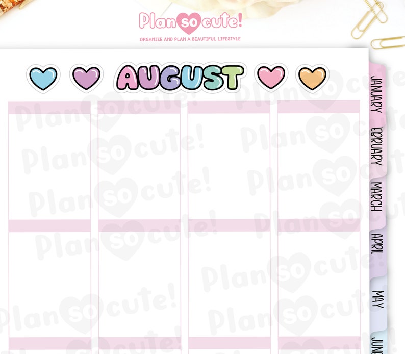 May include: A monthly planner with a pink and white design. The month of August is highlighted with a colorful sticker. The planner has tabs for each month of the year.