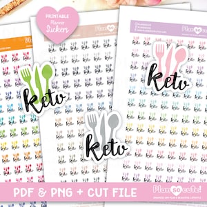 Pu&ograve; includere: Adesivi per planner stampabili con uno schema di colori arcobaleno. Gli adesivi presentano la parola "Keto" e una forchetta, un coltello e un cucchiaio. Il testo "Plan so cute!" &egrave; nella parte inferiore dell'immagine.