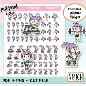 Könnte beinhalten: Druckbare Planer-Aufkleber mit einer Comicfigur, die auf einem Laufband, einem Heimtrainer und Gewichten trainiert. Die Aufkleber sind in verschiedenen Posen und Gesichtsausdrücken. Der Text "Plan so cute!" und "Druckbare Planer-Aufkleber" ist im Bild enthalten.