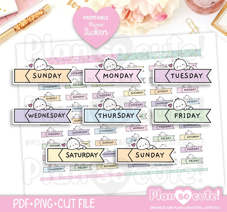 May include: Printable planner stickers featuring cute cartoon characters with hearts, each labeled with a day of the week. The stickers are in pastel colors, including pink, yellow, and blue. The text "Plan so cute!" is also visible.