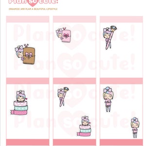 May include: Nine digital stickers featuring a cartoon character with pink hair and a pink bow. The character is holding a notebook, a paintbrush, and a roll of washi tape. The stickers are designed for use in a planner or journal.