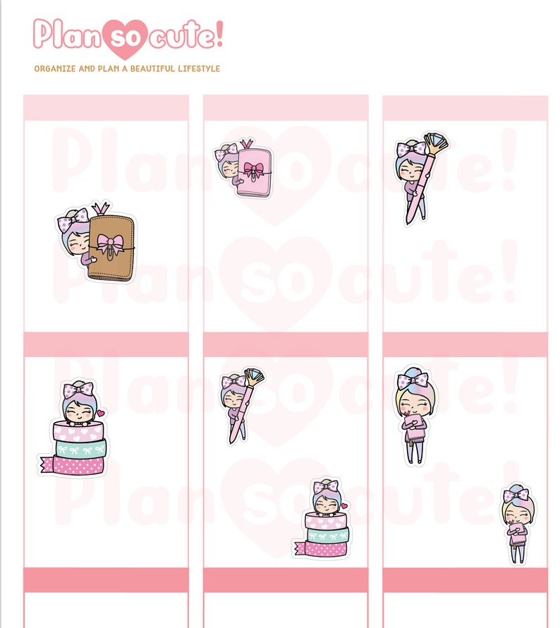May include: Nine digital stickers featuring a cartoon character with pink hair and a pink bow. The character is holding a notebook, a paintbrush, and a roll of washi tape. The stickers are designed for use in a planner or journal.