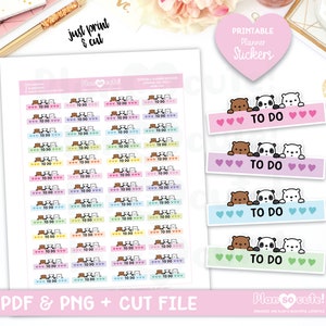 Op de afbeelding: Printbare planner stickers met een bruine beer, een panda en een ijsbeer met de tekst "TO DO" op elke sticker. De stickers zijn in roze, paars, blauw en groen.