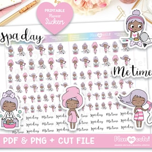 Me time Printable Planner Stickers, Spa Day Stickers, Emily Dark Skin, Cricut and Silhouette files, Bullet Journal Stickers, Hobonichi, EC