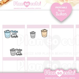 Puede incluir: Pegatinas imprimibles para planificador con dise&ntilde;os de botes de basura lindos. Las pegatinas incluyen el texto "Take out trash". La imagen tiene una combinaci&oacute;n de colores rosa y blanco, con las palabras "Plan so cute!" y "Printable Planner Stickers".