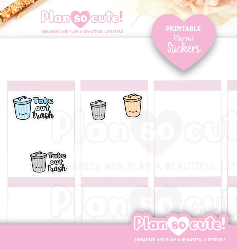 Puede incluir: Pegatinas imprimibles para planificador con dise&ntilde;os de botes de basura lindos. Las pegatinas incluyen el texto "Take out trash". La imagen tiene una combinaci&oacute;n de colores rosa y blanco, con las palabras "Plan so cute!" y "Printable Planner Stickers".